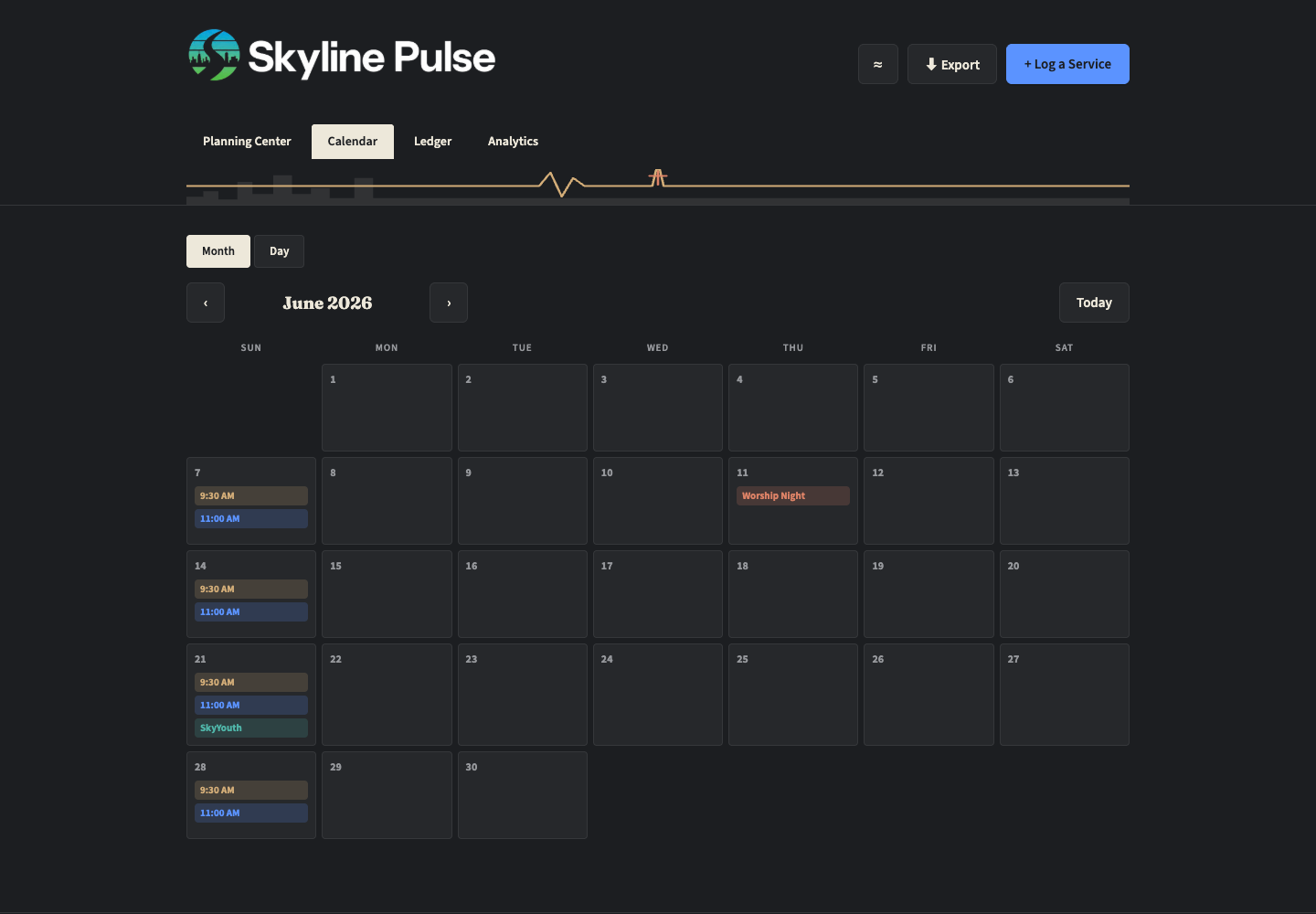 Calendar month view in dark theme showing logged services across June