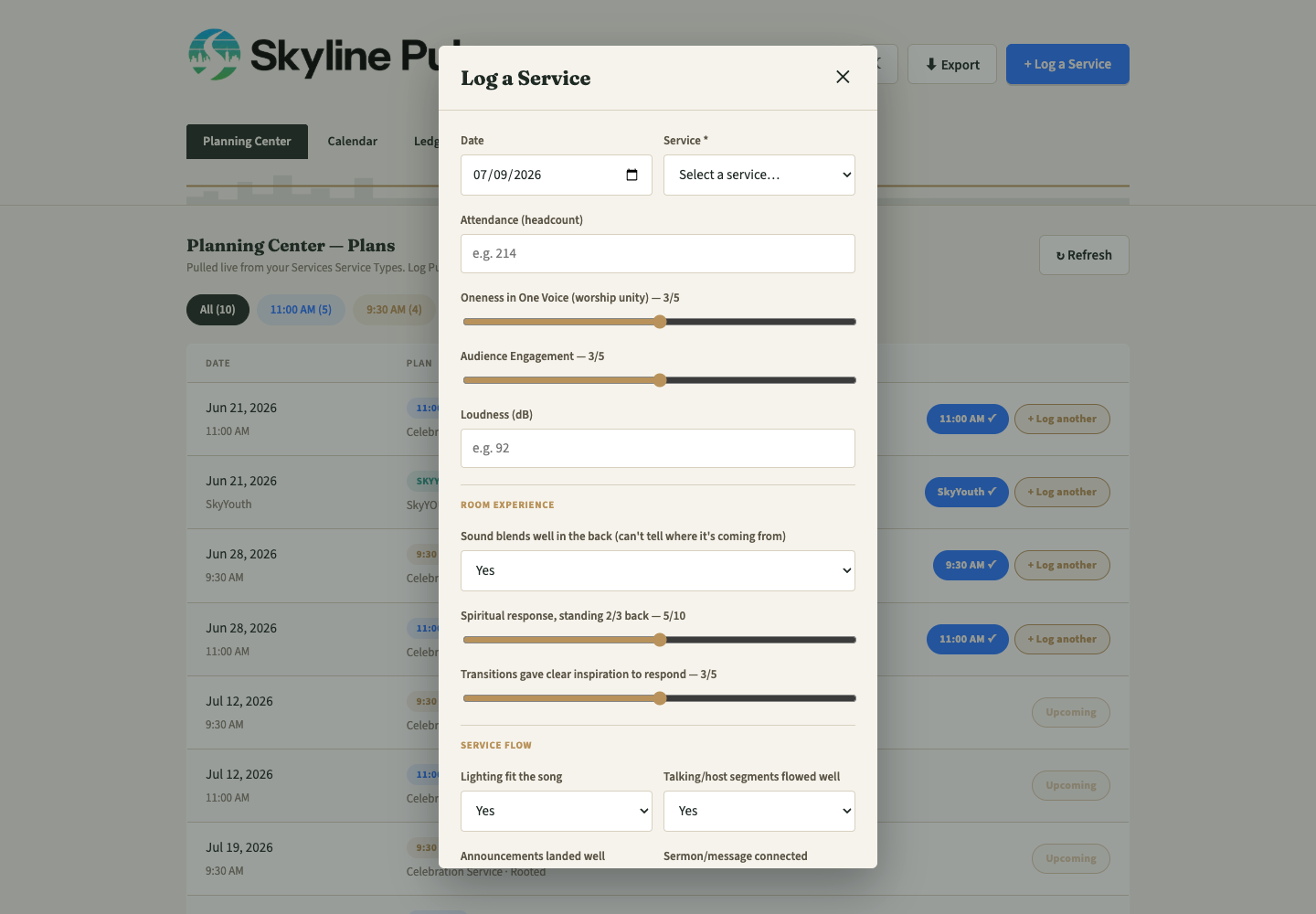 Log a Service modal with attendance, unity, engagement, room experience, and service flow fields