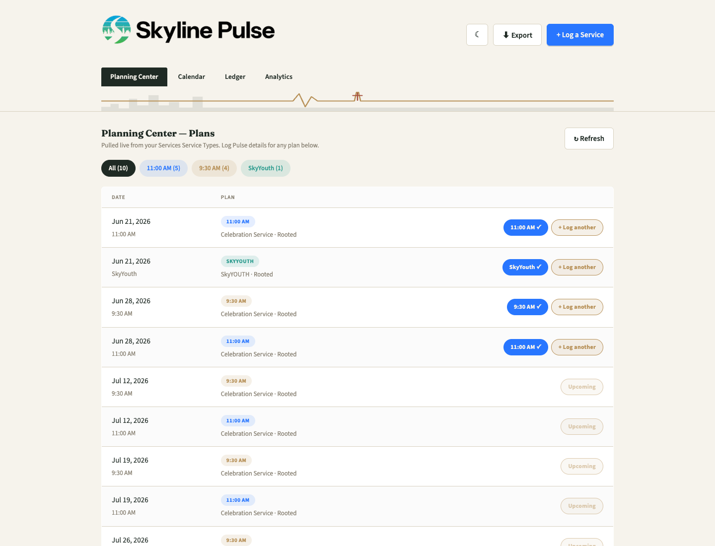Planning Center tab showing upcoming and logged plans with service-type badges